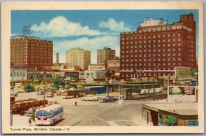 Postcard Windsor Ontario c1940s Tunnel Plaza Hotels Old Cars Bus Essex County