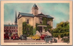 Postcard Brantford Ontario c1940s City Hall and Market Square Old Cars