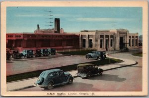 Postcard London Ontario 1940 CNR Station Old Cars Middlesex County to Glendale