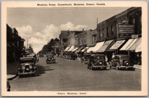Postcard Gravenhurst Ontario c1935 Muskoka Street Old Cars Storefronts Drugs
