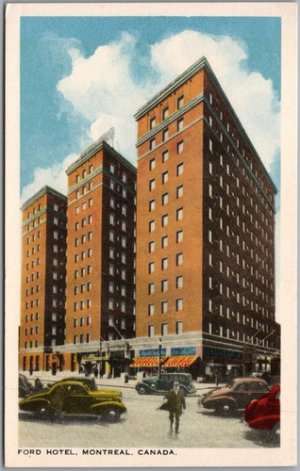 Postcard Montreal Quebec c1940s Ford Hotel Dorchester St at Bishop Old Cars
