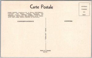 Postcard Montreal Quebec c1940s Ford Hotel Dorchester St at Bishop Old Cars (back)