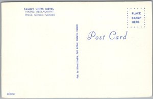 Postcard Wawa Ontario c1960s Family Units Motel Viking Restaurant Old Cars (back)
