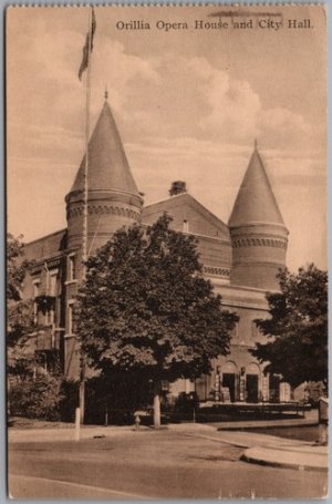 Postcard Orillia Ontario 1934 Opera House and City Hall to Dundas ONT