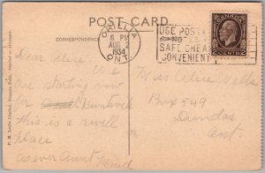 Postcard Orillia Ontario 1934 Opera House and City Hall to Dundas ONT (back)