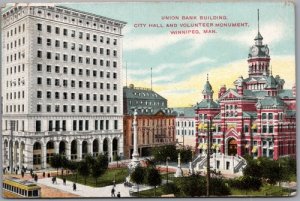 Postcard Winnipeg Manitoba 1906 Union Bank Building City Hall Volunteer Monument