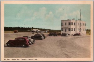 Postcard North Bay Ontario c1940s Air Port Plane Old Cars Nipissing District