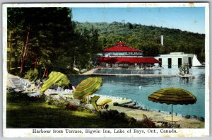 Postcard Lake of Bays Ontario c1920s Harbour From Terrace Bigwin Inn Umbrellas