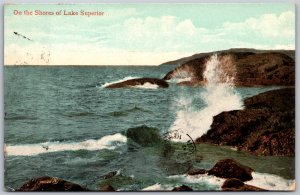 Postcard Lake Superior Ontario c1910 On The Shores Waves Crashing