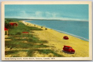 Postcard Sauble Beach Ontario Sandy Bathing Beach Old Cars Bruce County by PECO