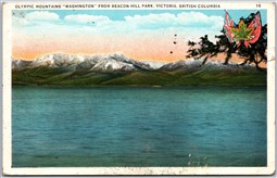 Postcard Victoria BC c1943 Olympic Mountains "Washington" From Beacon Hill Park