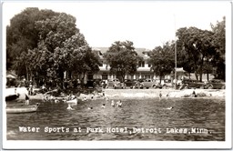 Postcard RPPC c1948 Detroit Lakes Minnesota Water Sports at Park Hotel Old Cars