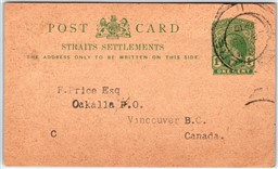 Postal Stationery Singapore 1917 Straits Settlements Changkat Serdang Estates