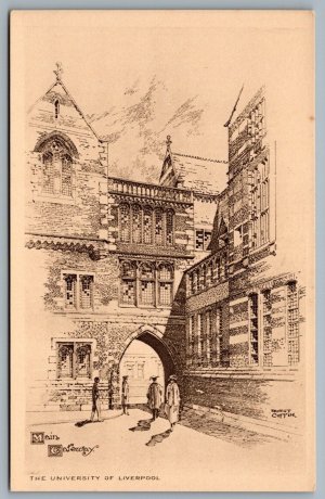 Postcard UK c1920s University of Liverpool Arist Signed Main Gateway