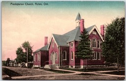 Postcard Acton Ontario Presbyterian Church Hand Tinted Halton Co by J. E. Evans