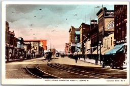 Postcard RPPC Hand Coloured Edmonton Alberta Jasper Avenue Tram Signs Old Cars