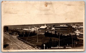 Postcard RPPC c1920 Milestone Saskatchewan Railroad Station Depot Hotel