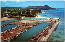 Postcard Honolulu Hawaii Yacht Harbor Aerial View Boats Waikiki Hotel District