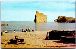 Postcard Perce Quebec c1960s Fishermen Nets Drying Beach Scenic View 