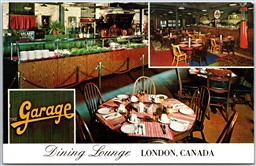 Postcard London Ontario Dual Views The Garage Cadillac Court Tin Lizzie Lounge