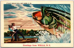 Postcard c1955 Greetings From Wells New York Freak Fish Comic Exaggerated