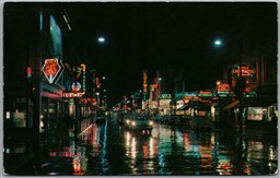 Postcard London Ontario c1964 Night View of Dundas Street Old Cars Neon Signs
