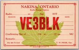 QSL 1940s Amateur Ham Radio Card VE3BLK Nakina Ontario T. Murray Prior THB