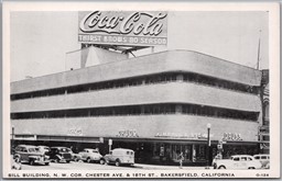 Postcard Bakersfield California Sill Building Coca Cola Sign Old Cars Kern Co.