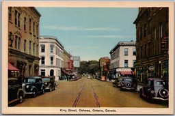 Postcard Oshawa Ontario c1940s King Street Old Cars Shops Signs