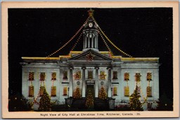 Postcard Kitchener Ontario Night View King at City Hall at Christmas Time Winter