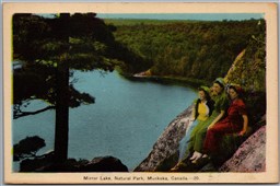 Postcard Muskoka Ontario Mirror Lake Natural Park Women on Rock Scenic View