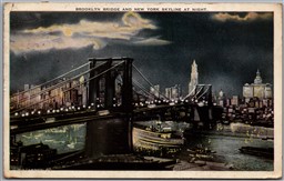 Postcard New York NY c1922 Brooklyn Bridge and Skyline at Night