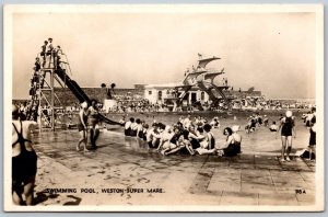 Postcard RPPC c1930s Weston-super-Mare England Swimming Pool Bathers Somerset