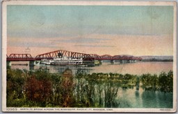 Postcard Ft. Madison Iowa Santa Fe Bridge Across Mississippi River Fred Harvey