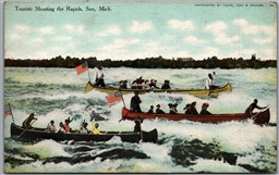 Postcard Soo Michigan c1910s Tourists Shooting the Rapids Canoeing