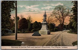 Postcard Fort Wayne Indiana Entrance to Lawton Park and Civil War Monument
