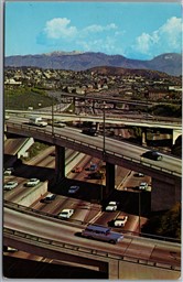 Postcard Los Angeles California Harbor Freeway Downtown Old Cars Montain Range