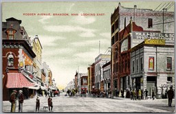 Postcard Brandon Manitoba 1910s Rosser Avenue Looking East Signs Shops Bookstore