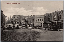 Postcard Woodstock New Brunswick Main Street Old Cars Shop Signs Carleton County
