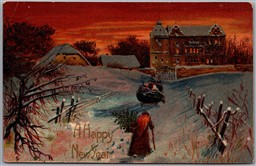 Postcard 1908 A Happy New Year Embossed Scenic Evening Winter View Sunset Sleigh