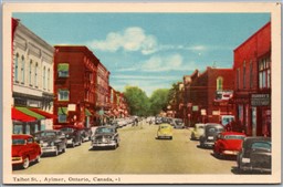 Postcard Aylmer Ontario Talbot Street Old Cars Shops Elgin County by PECO