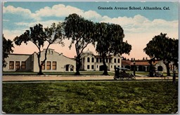 Postcard Alhambra California c1910s Granada Avenue School Old Cars Curt Teich