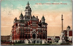 Postcard Winnipeg Manitoba c1908 City Hall and Volunteer Monument RPO Cancel