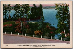 Postcard Raquette Lake New York View of Shore Line Near South Inlet