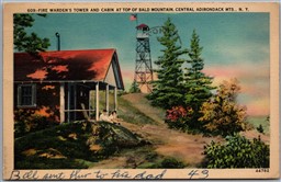 Postcard Bald Mountain New York Fire Warden's Tower and Cabin Central Adirondack