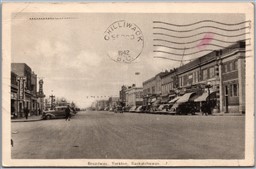 Postcard Yorkton Saskatchewan c1942 Broadway Street Old Cars Shops PECO