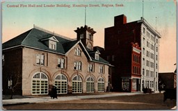Postcard Regina Saskatchewan Central Fire Hall and Leader Building Hamilton St.