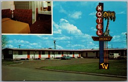 Postcard Ponoka Alberta Oasis Motel Dual View MCM Old Car and Van