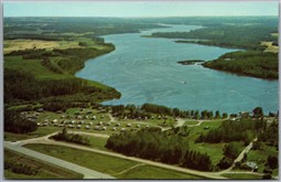 Postcard Pine Lake Alberta Aerial View North Gate Resort Cabins Boats Picnic
