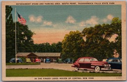 Postcard Ithaca New York Taughannock Falls Refreshment Stand Parking Area Cars